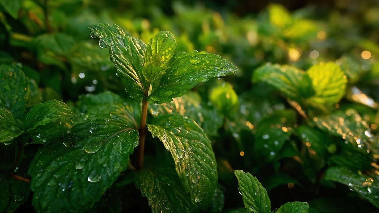 A Close-Up View of Fresh Mint Leaves Glistening with Water Droplets in a Lush Green Environment, Highlighting Their Natural Beauty and Vibrant Color