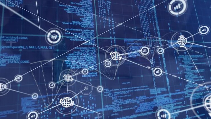 Animation of connected icons over computer language against blue background