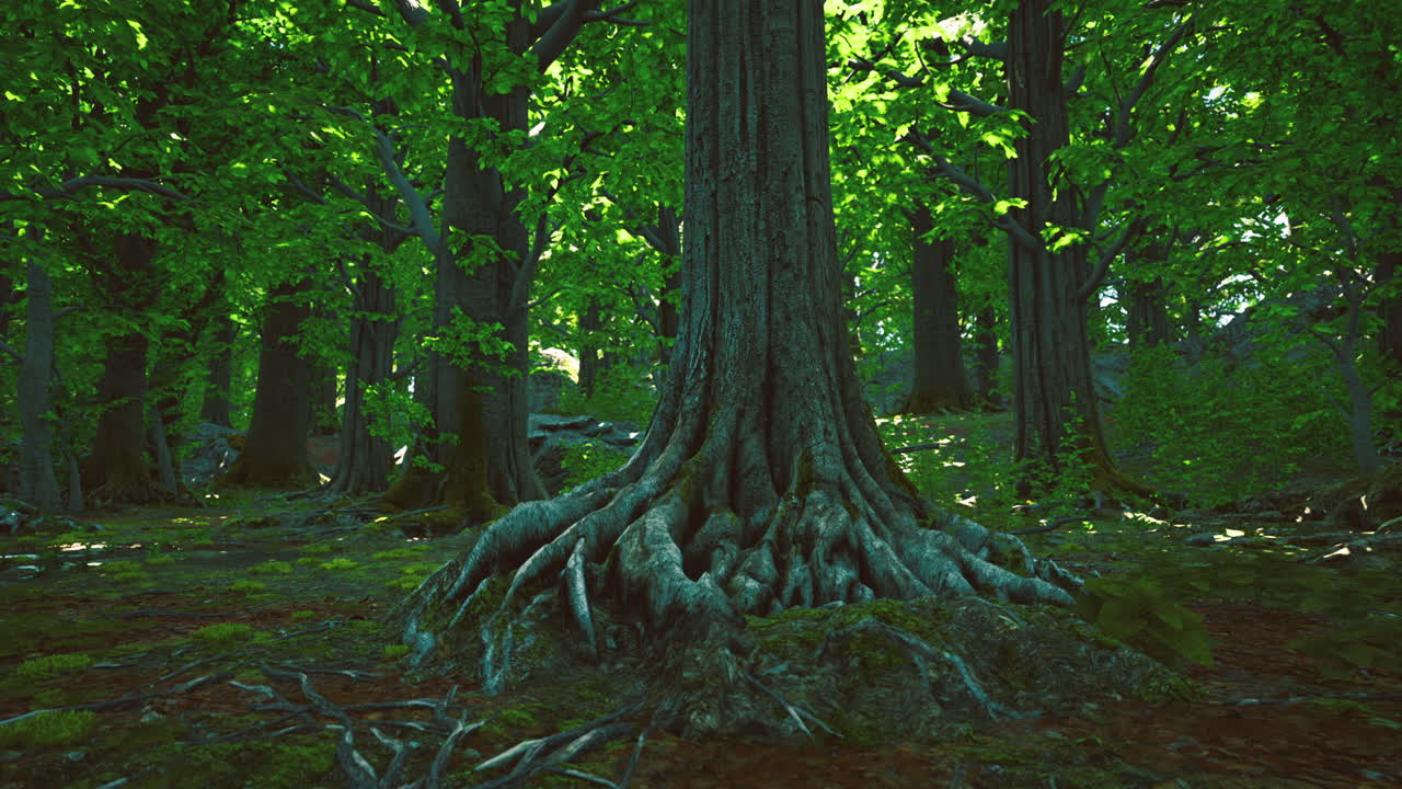 Ancient forest roots intertwine with vibrant green foliage in serene woodland