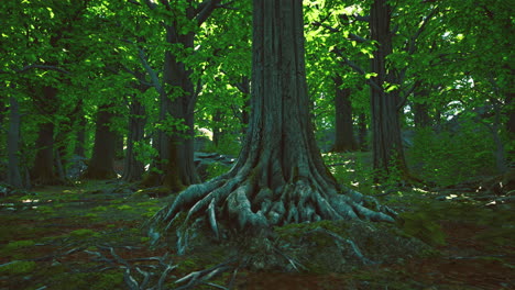 ancient forest roots intertwine with vibrant green foliage in serene woodland