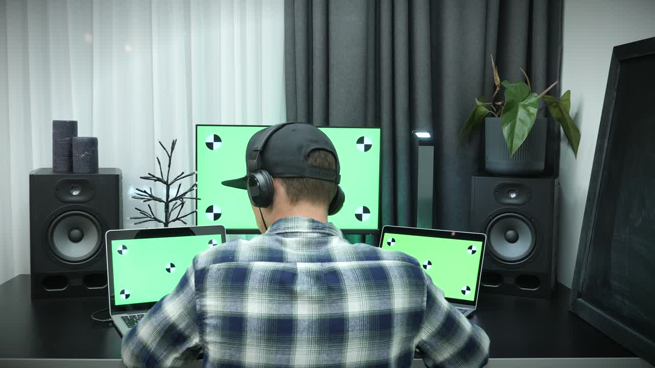 녹색 화면으로 컴퓨터에서 일하는 헤드폰을 입은 사무실 남자. 넓은 큰 디스플레이와 노트북을 가진 개인 컴퓨터를 사용하는 남성 프리랜서. 전문 소프트웨어를 사용하여 비디오를 만드는 영화 제작자