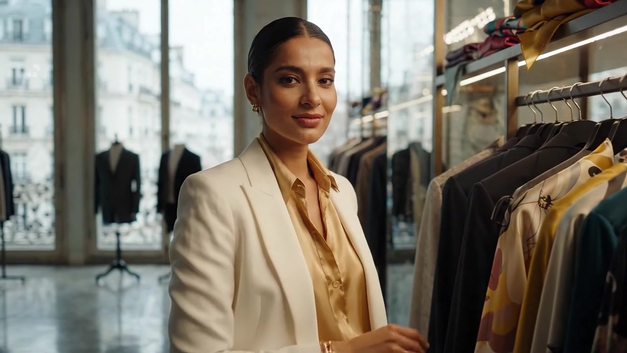 Donna elegante che esplora una boutique di moda con abiti eleganti e tailleur in un ambiente urbano sofisticato, irradiando sicurezza e fascino