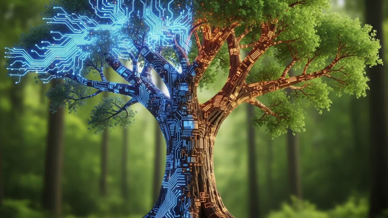 The Fusion of Nature and Technology: A Conceptual Tree Representing the Harmony Between Organic Growth and Digital Innovation in a Lush Forest Setting