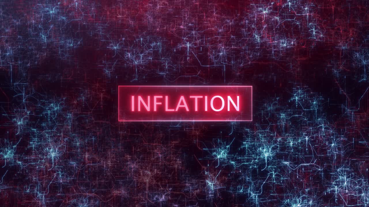 Concetto di inflazione su sfondo di reti glitch. Concetto di inflazione su reti informatiche astratte.