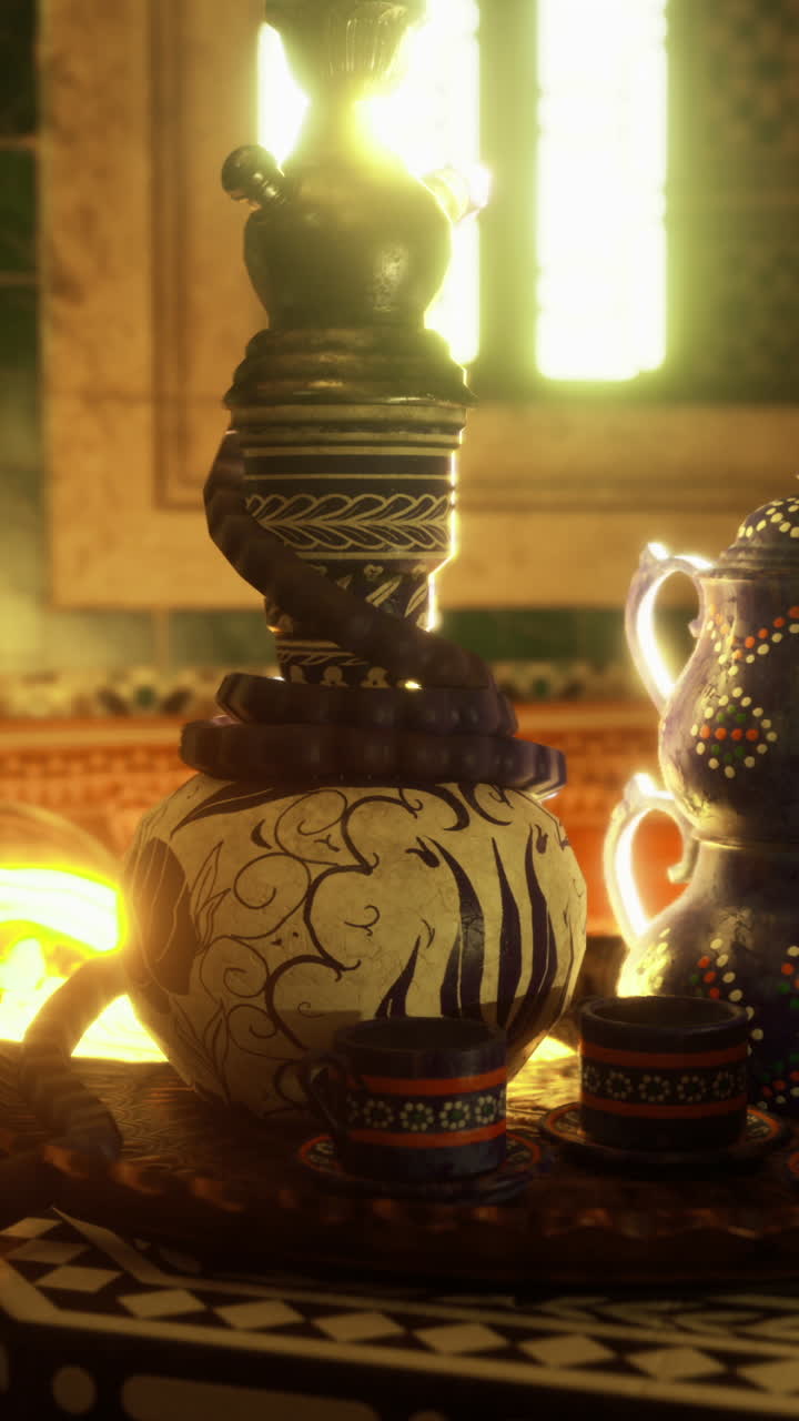 Decorative artifacts placed on a table inside a traditional room