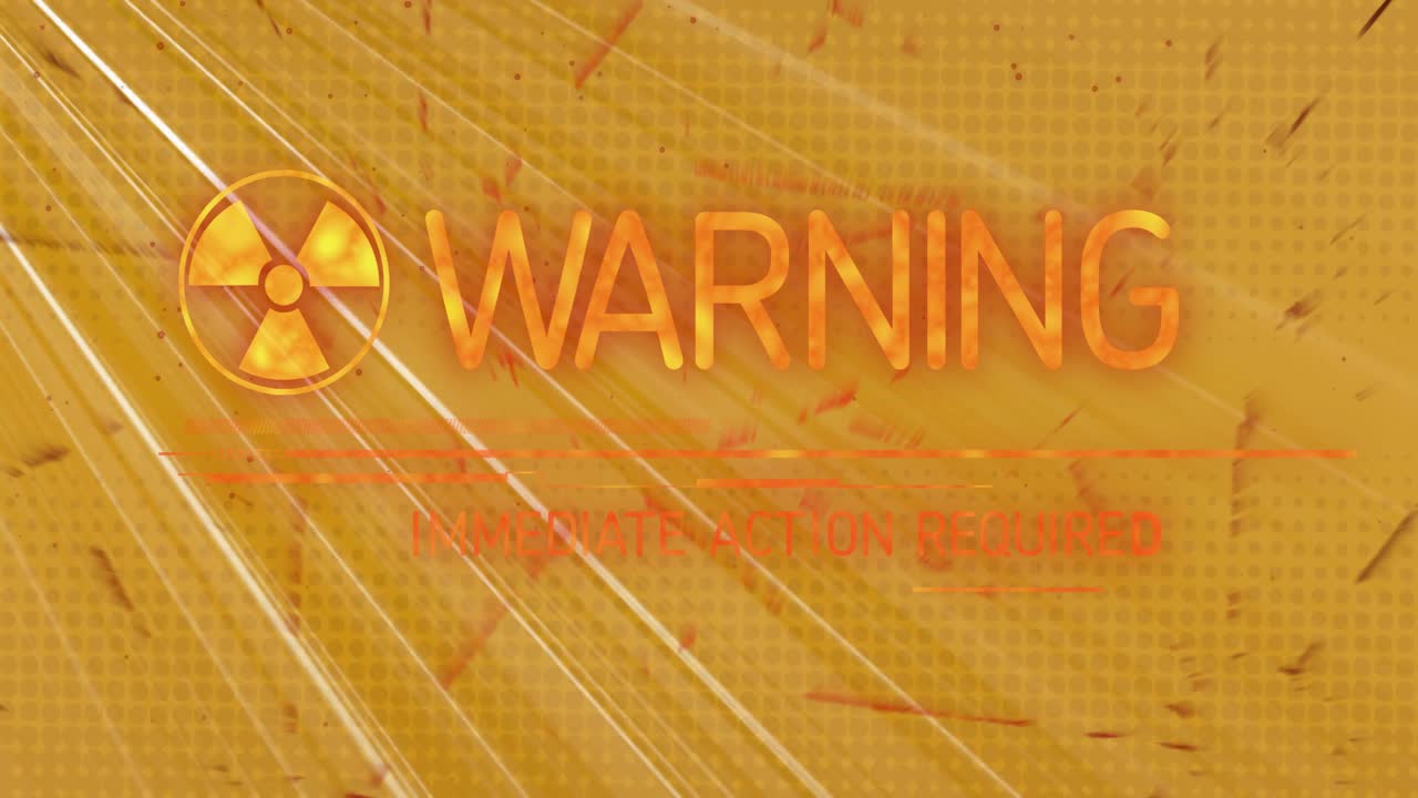 Animation of warning text, ionizing radiation hazard symbol with light rays over abstract background
