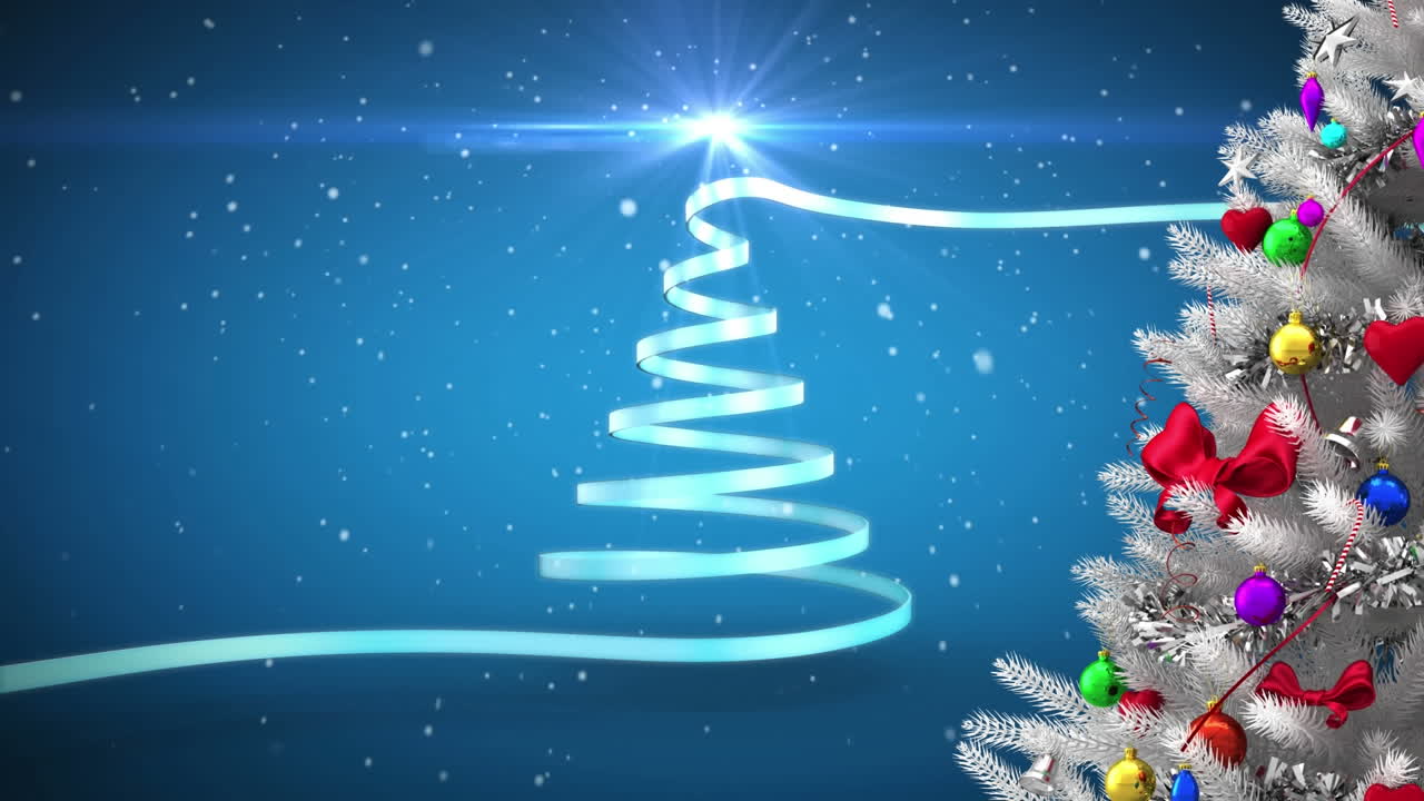 파란 리본과 눈이 떨어지는 크리스마스 트리의 애니메이션