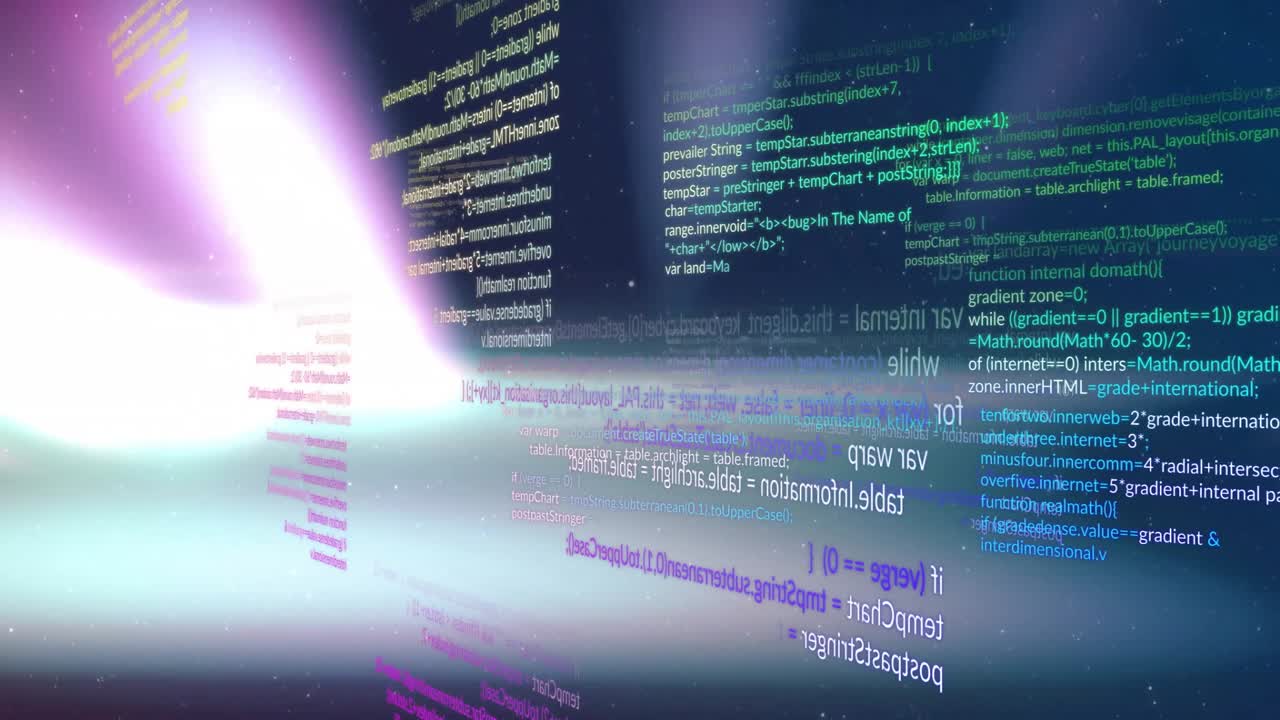Panneaux de code flottants se déplaçant à travers le vide cosmique, une bande d'horizon émettant des éclairs néon en rendu 3D.