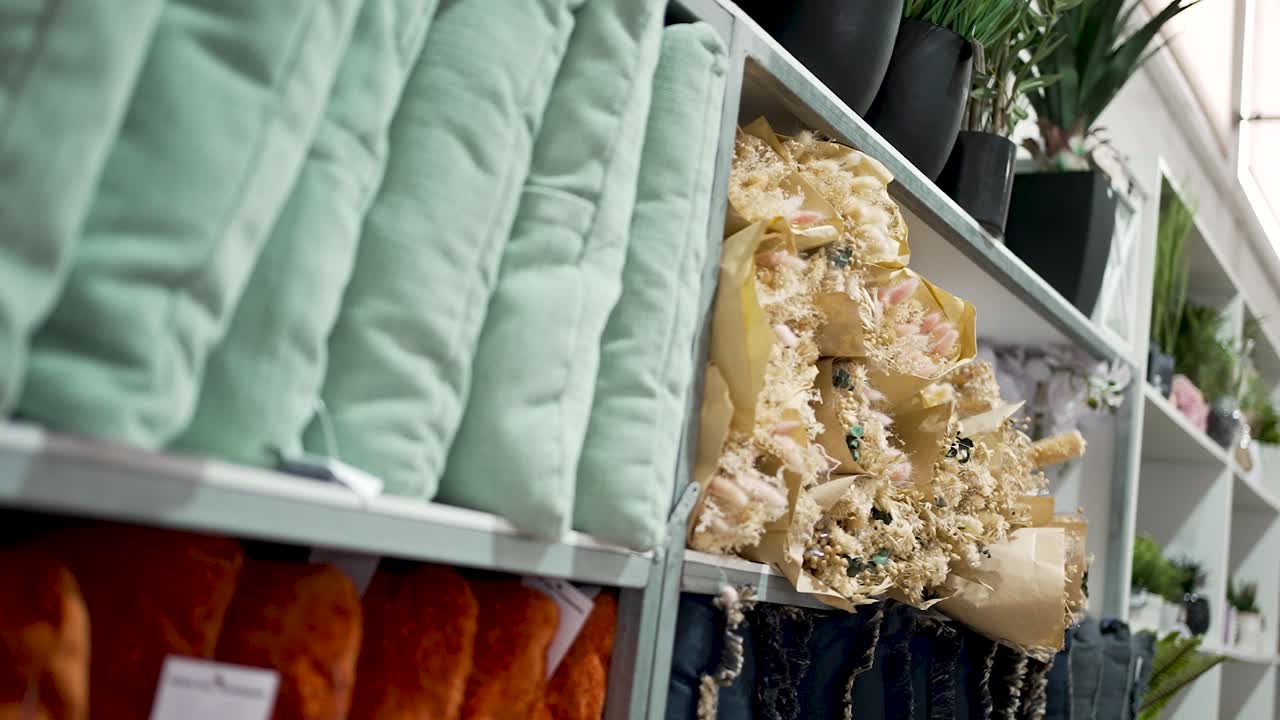 Soft pillows in various colors and textures are neatly arranged on store shelves alongside decorative plants. Shoppers browse the inviting display, enhancing home design ideas