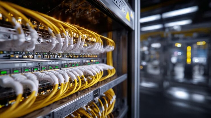 Close-up View of a High-Tech Network Switch with Multiple Yellow Cables and Lights Indicating Connection, Perfect for Representing Modern Network Infrastructure