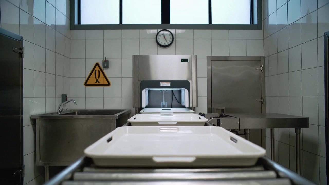 Nastro trasportatore in partenza, vassoio di plastica bianco che si muove in una lavatrice in acciaio inossidabile per la pulizia in una stanza piastrellata.