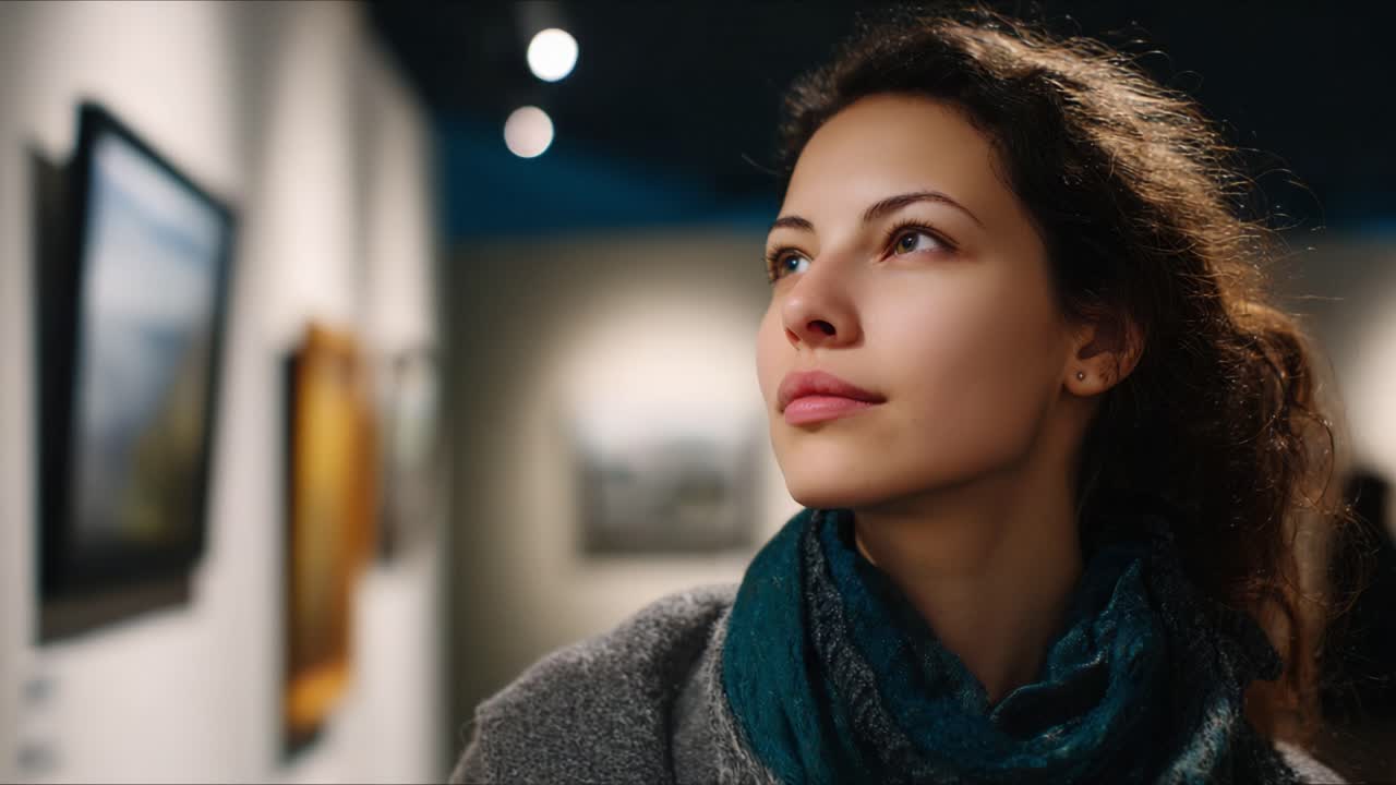 Reflective Woman Appreciating Art in a Gallery, Captured in Two Frames for Artistic Exploration and Emotional Connection to Creative Works