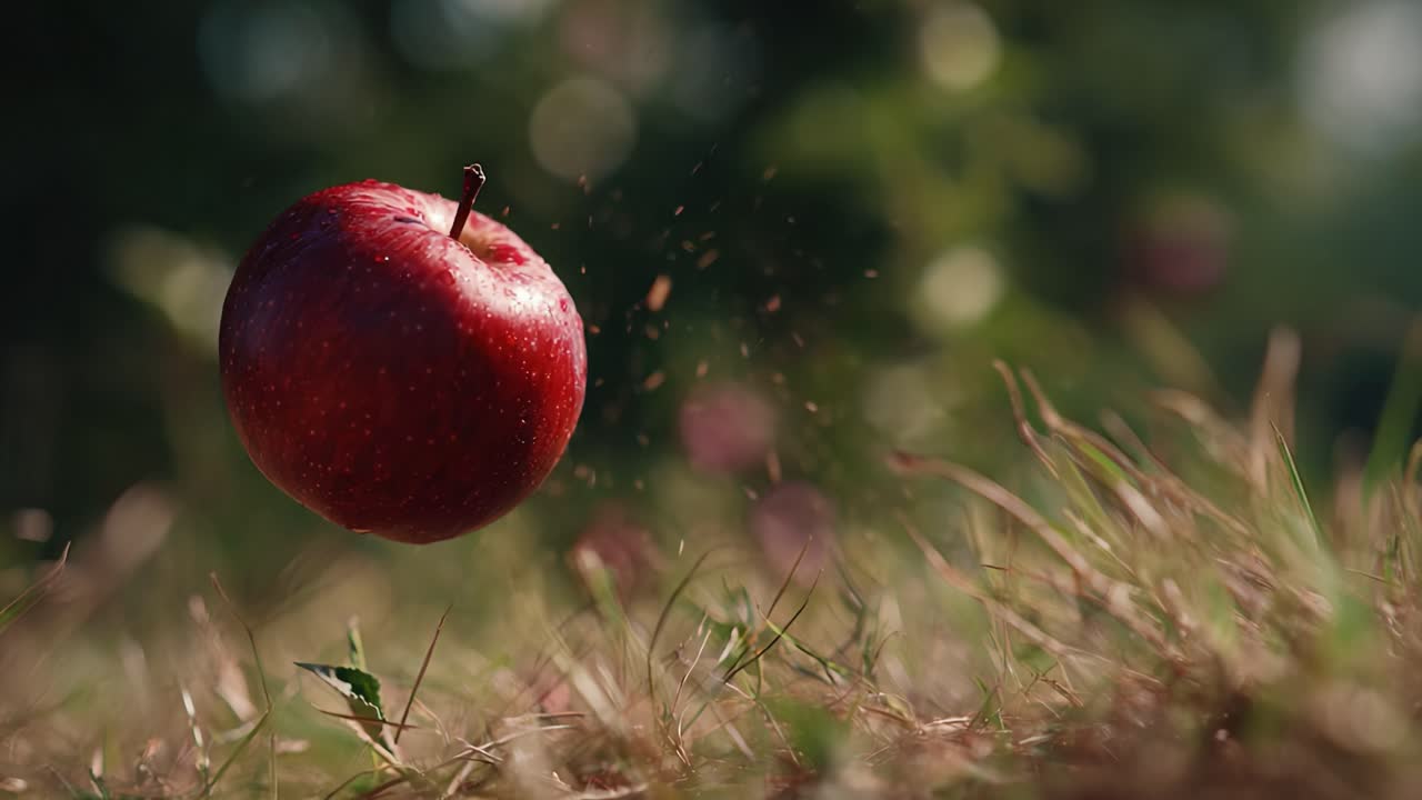 Vibrant Red Apple Captured in Motion Against a Lush Green Background, Showcasing the Beauty of Nature and the Simple Joys Found in Everyday Life