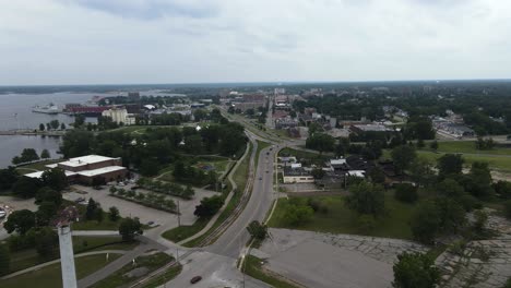 aerial view of downtown muskegon during the setup for rebel road and bike time in 2021