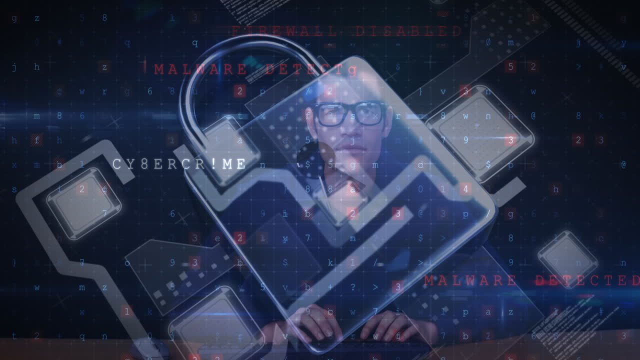 animación de un candado de seguridad en línea sobre un hombre usando una computadora