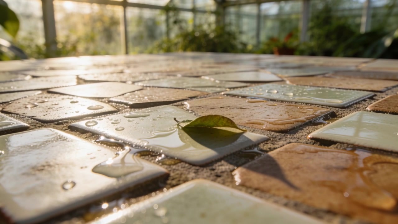 Kameraet trækker sig tilbage og afslører et enkelt grønt blad på en våd mosaikflise, mens planter ses gennem glas.