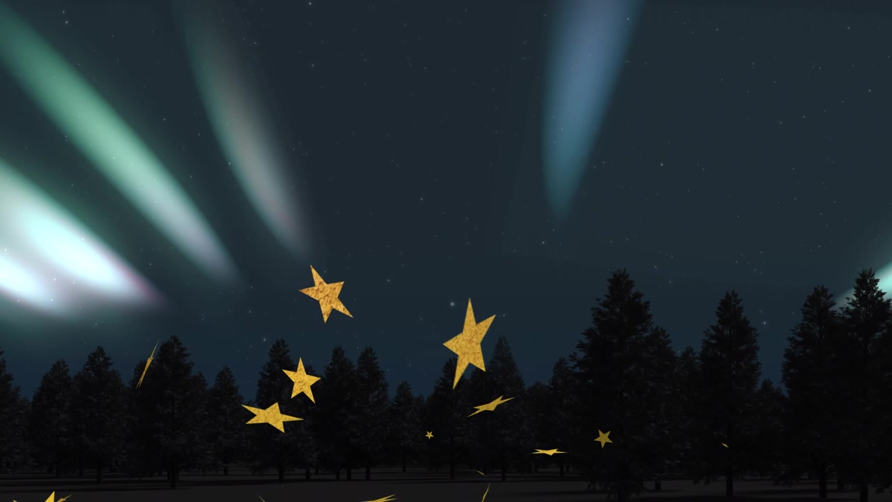 Animation af stjerner, der svæver over vinternat skov med nordlys