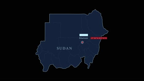 sudan blue map with khartoum capital city and geographic coordinates on black background