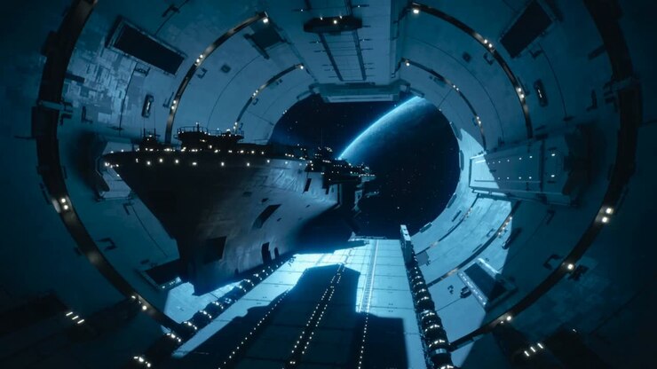 Receiving docking command, moving capital ship entering station ring, aligning with guide pylons