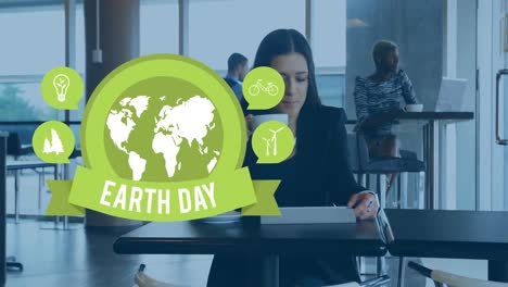 Animation-of-earth-day-text-over-diverse-business-people-in-office