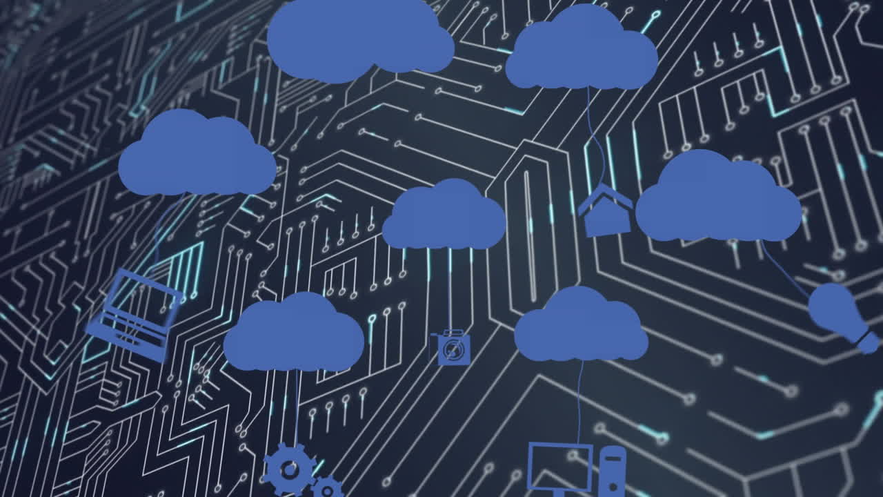 animación de caminos y nubes sobre circuito integrado