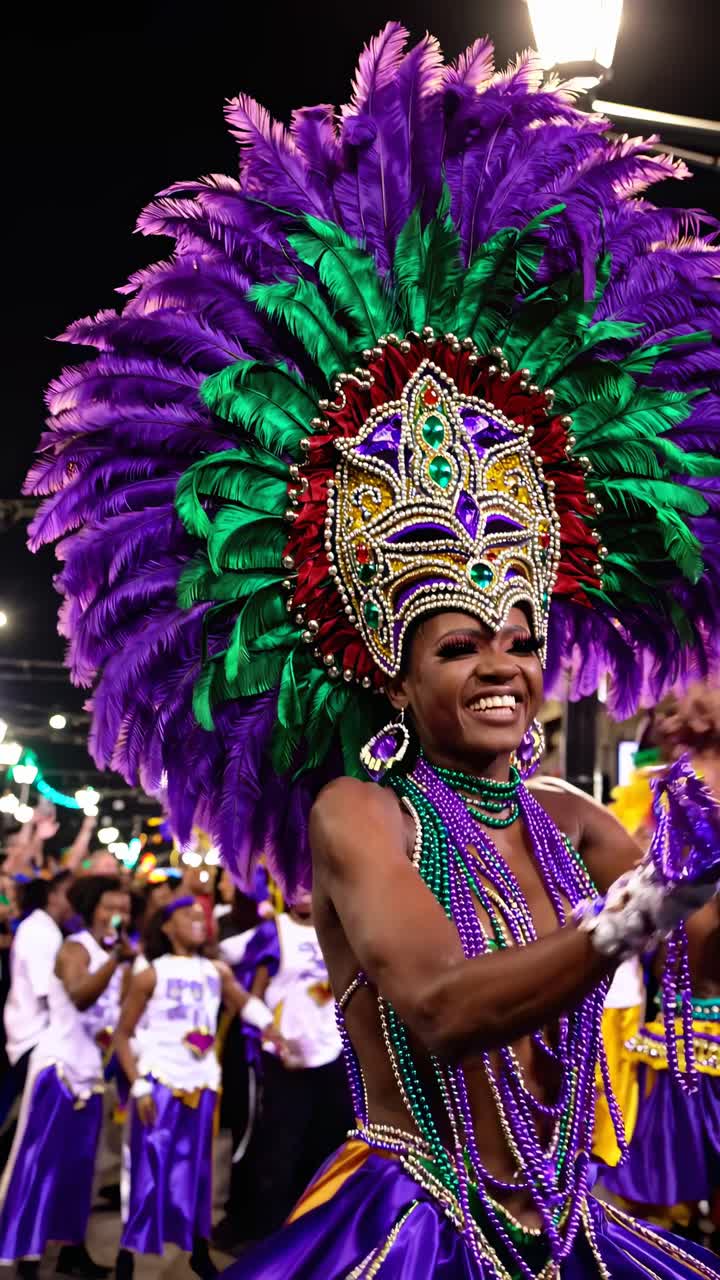Vibrant street parade with colorful costumes and floats, captured from a low-angle