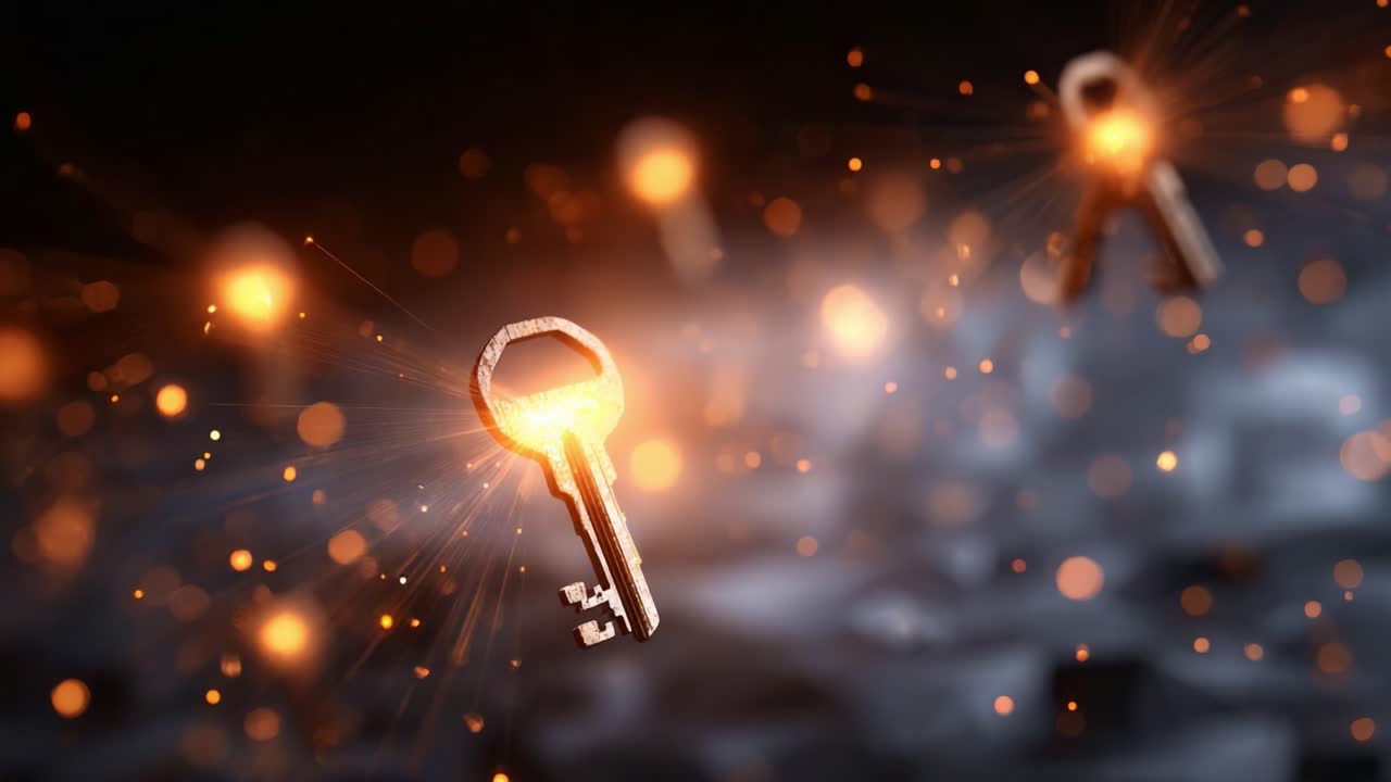 Captivating Sparkling Keys Radiating Light Against a Dark Background, Symbolizing Security, Access, and Unlocking Potential in a Mystical Realm of Imagination