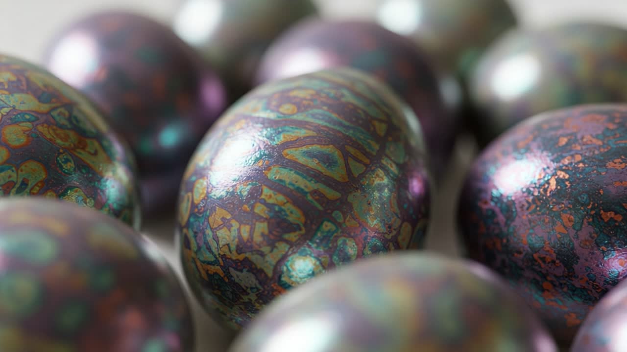 A mesmerizing display of iridescent eggs showcasing intricate patterns and vibrant colors, creating a stunning visual treat in close-up view
