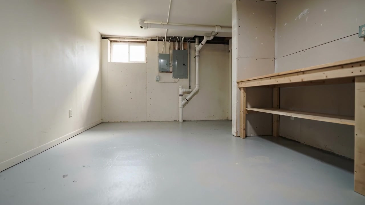 Panning camera moving forward right in basement room, highlighting workbench, panels, pipes