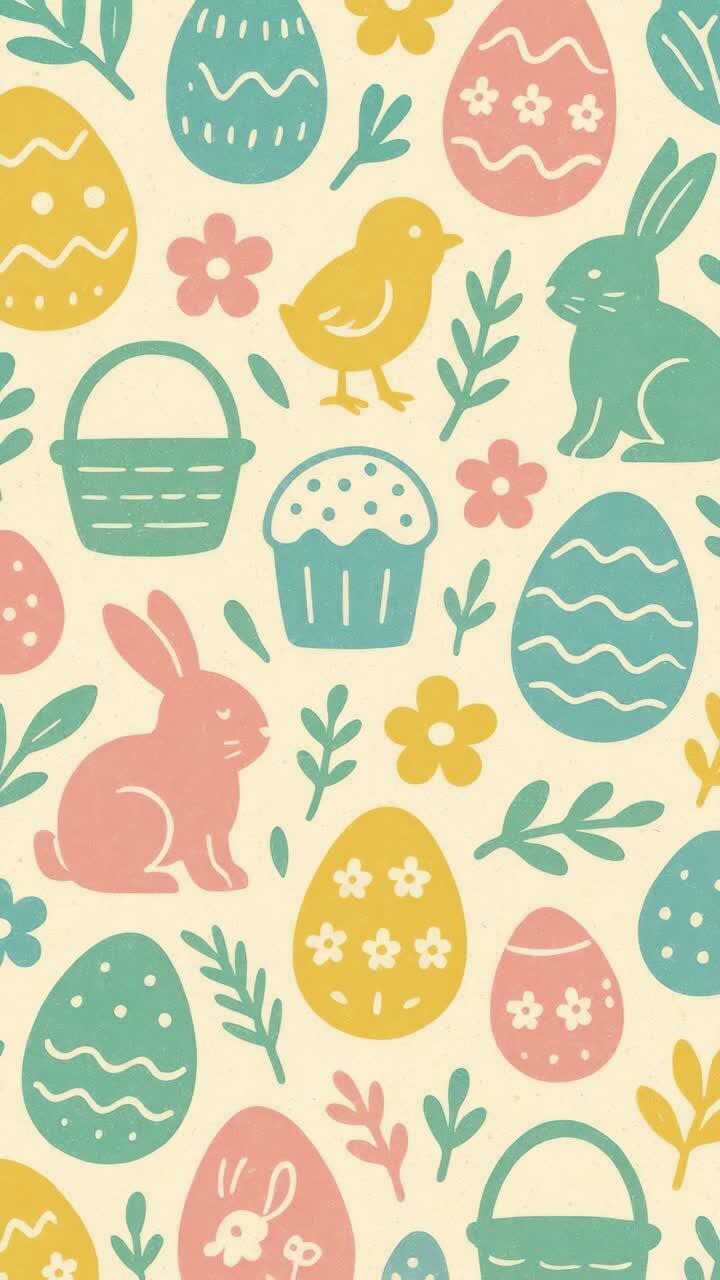 Playful Easter-themed pattern with pastel eggs, bunnies, and chicks