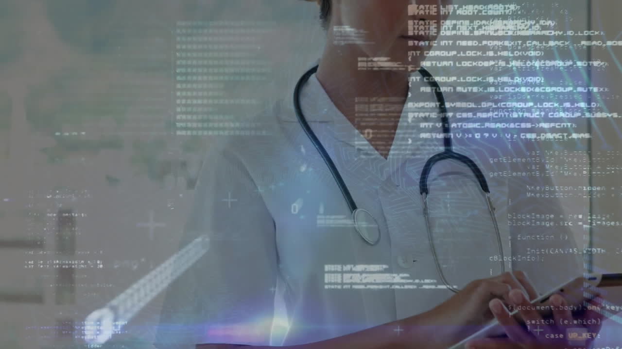 Animation of binary coding data processing over caucasian female doctor