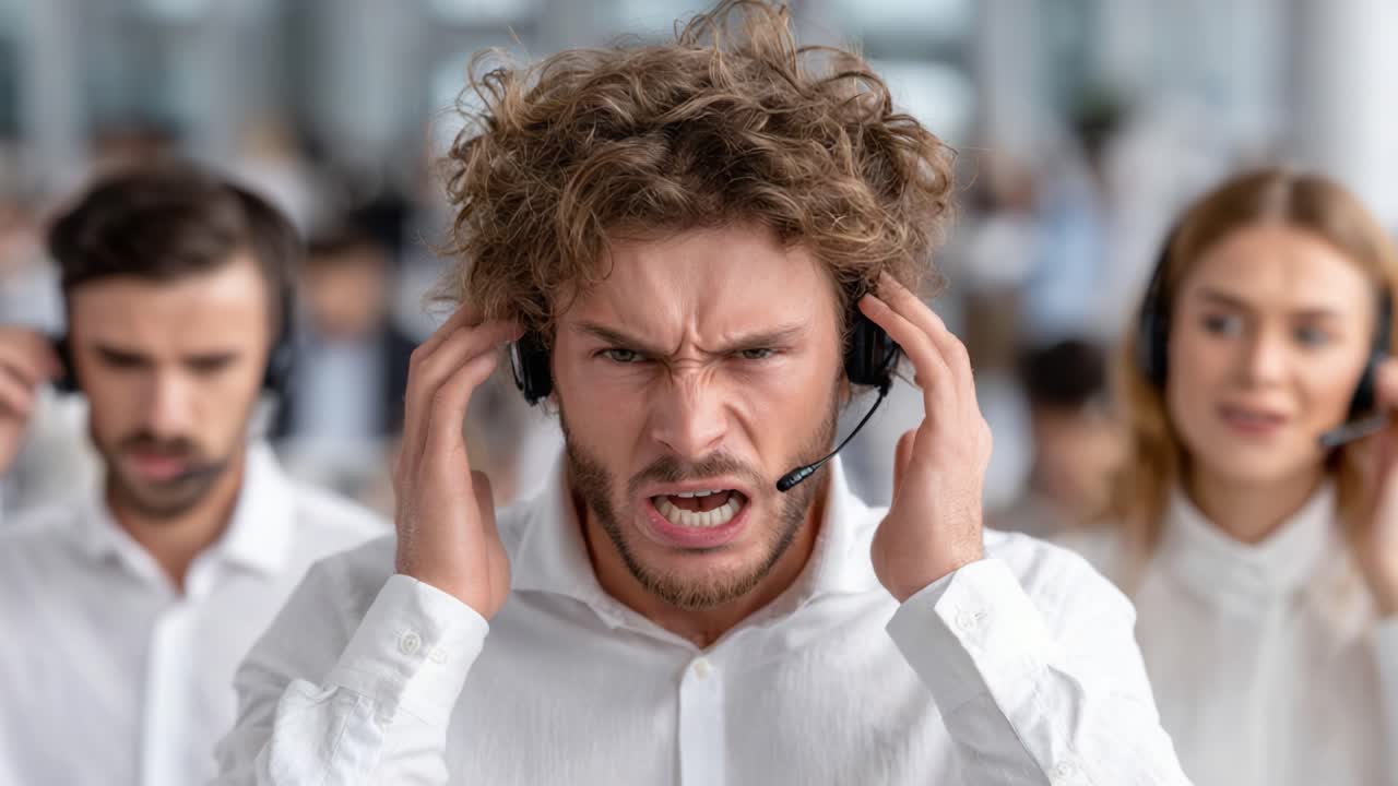 Commotion in a Call Center: Frustration and Overwhelm as Employees Struggle with Customer Interactions in a High-Pressure Environment