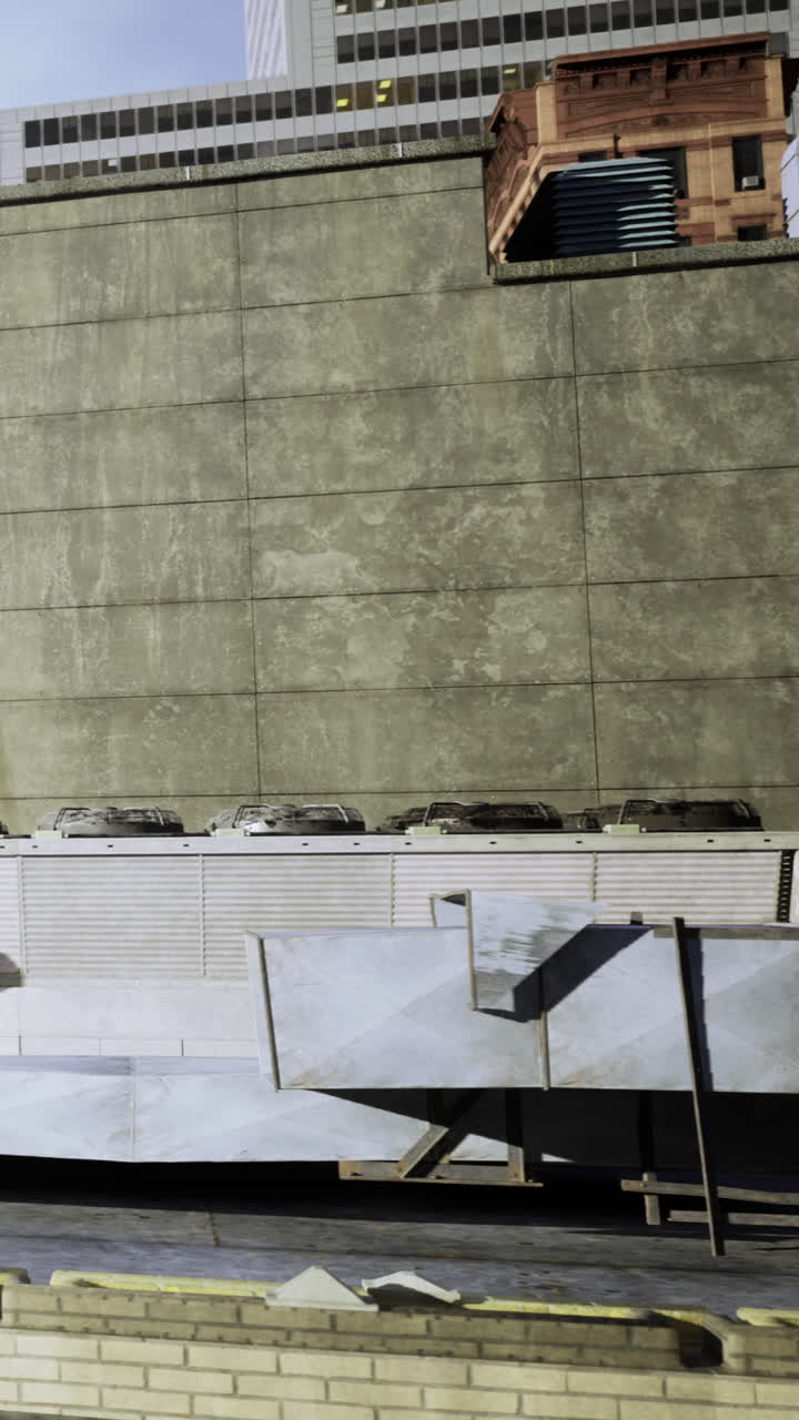 Escena de construcción urbana con materiales de construcción y vehículos en un entorno de ciudad