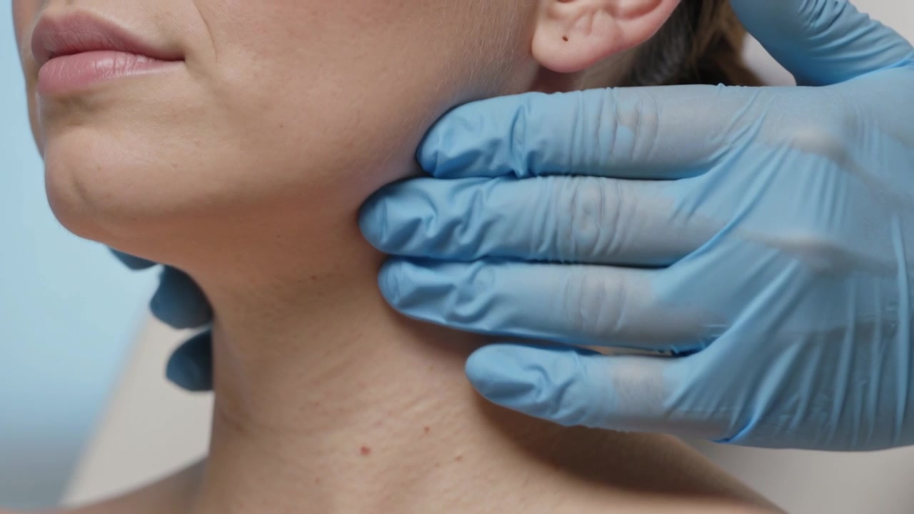 Guanto blu del medico che palpa, entrando da destra, esaminando la mascella e il collo di una donna, spalle scoperte