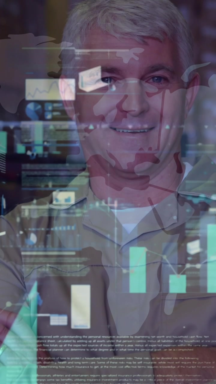 Animation of statistical data processing over caucasian male worker smiling at the warehouse