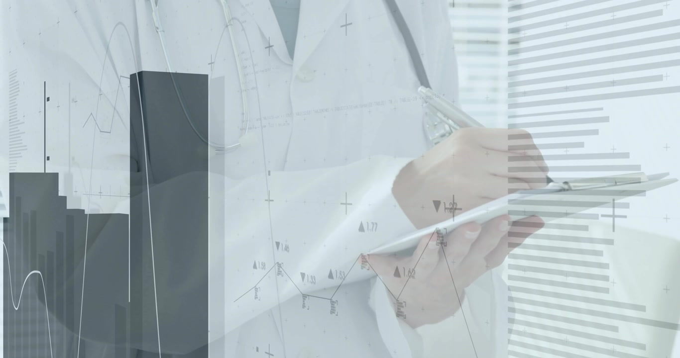 Médico tocando tablet com caneta e escrevendo notas, enquanto gráficos de saúde animados rastreiam dados do paciente