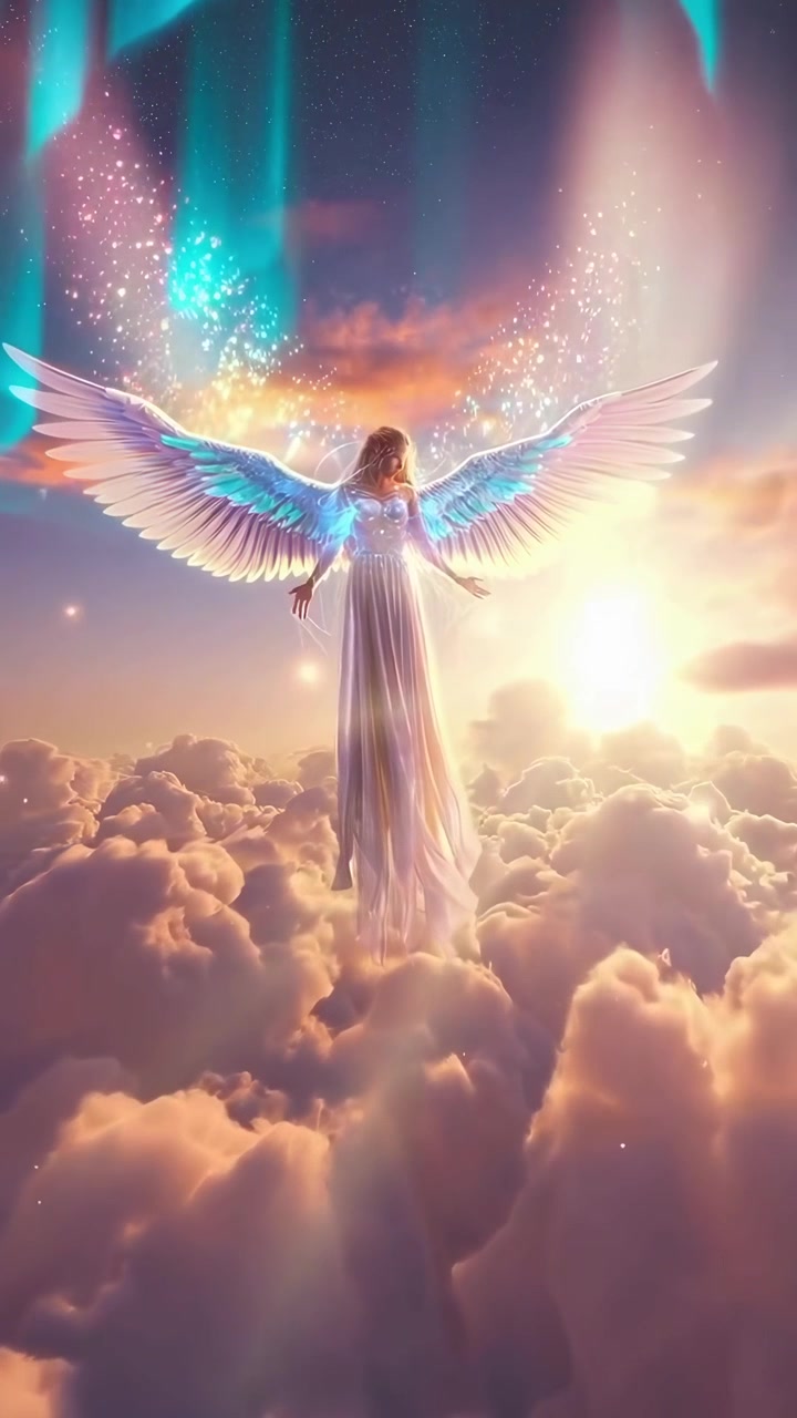 Ethereal Angel with Glowing Wings Floating Above Heavenly Clouds