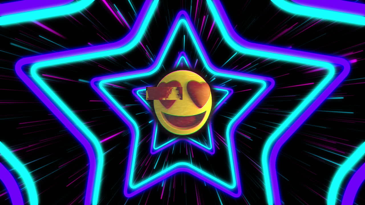 Heart eyes emoji animation over neon star shapes on black background