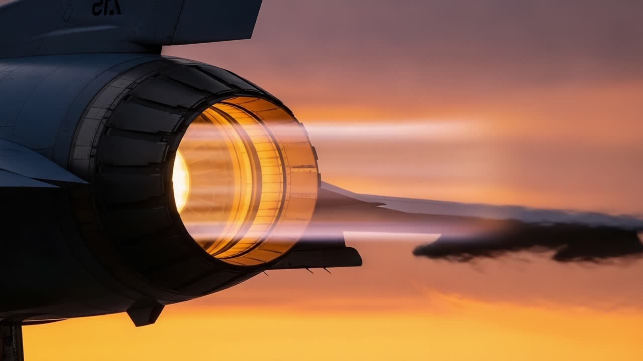 Enerjiyi ve uçuş gücünü yansıtan renkli gün batımı gökyüzüne karşı art yakıcı ateşlemesi olan bir jet motoru nozülünün dinamik yakın çekimi