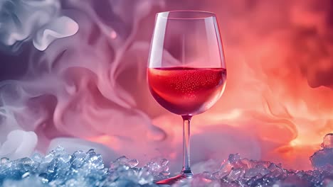 rosé wine glass amidst ice and vibrant smoke