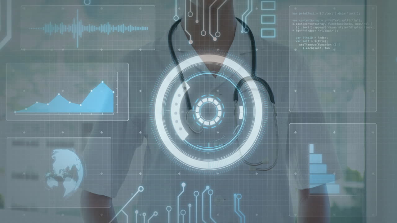 Female doctor using stethoscope viewing medical holograms in clinic, showcasing charts and HUD