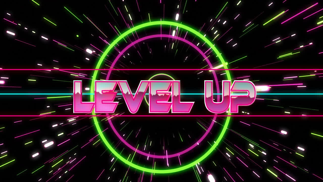 animación de texto de nivel sobre líneas radiales de verde neón y rosa