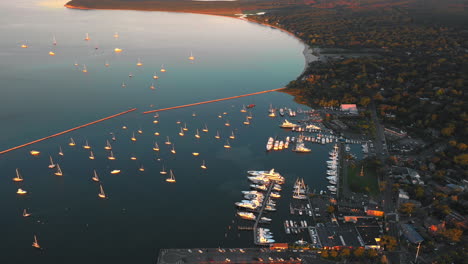 Aerial-Flyover-Of-Sag-Harbor-At-Sunset-in-The-Hamptons,-New-York