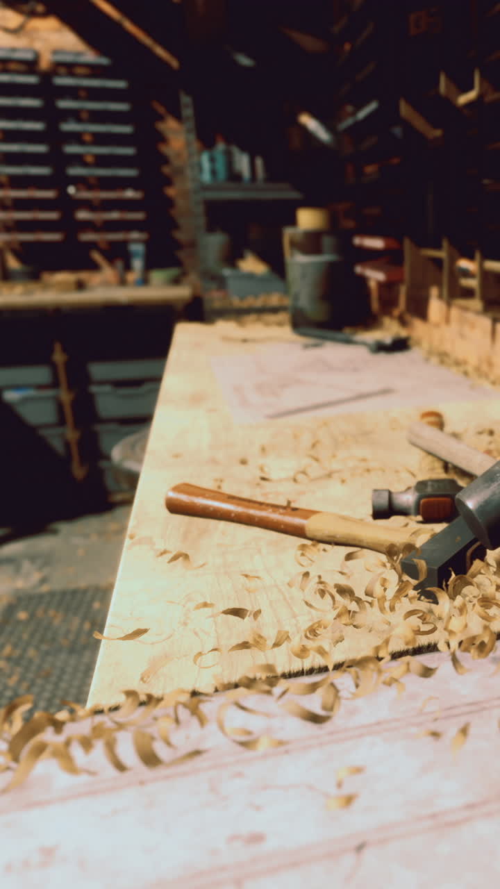 Woodworking tools and wood shavings on a workbench in a workshop