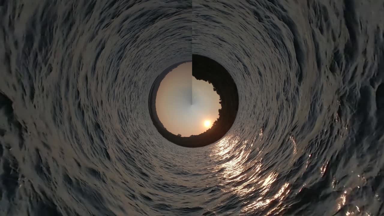 360도 평각형에서 스테레오그래픽 파노라마: 바다의 물이 빠르게 움직이고, 바다의 바위 언덕에서 해가 지는 아름다운 풍경, 구형 투영, 루프 회전.