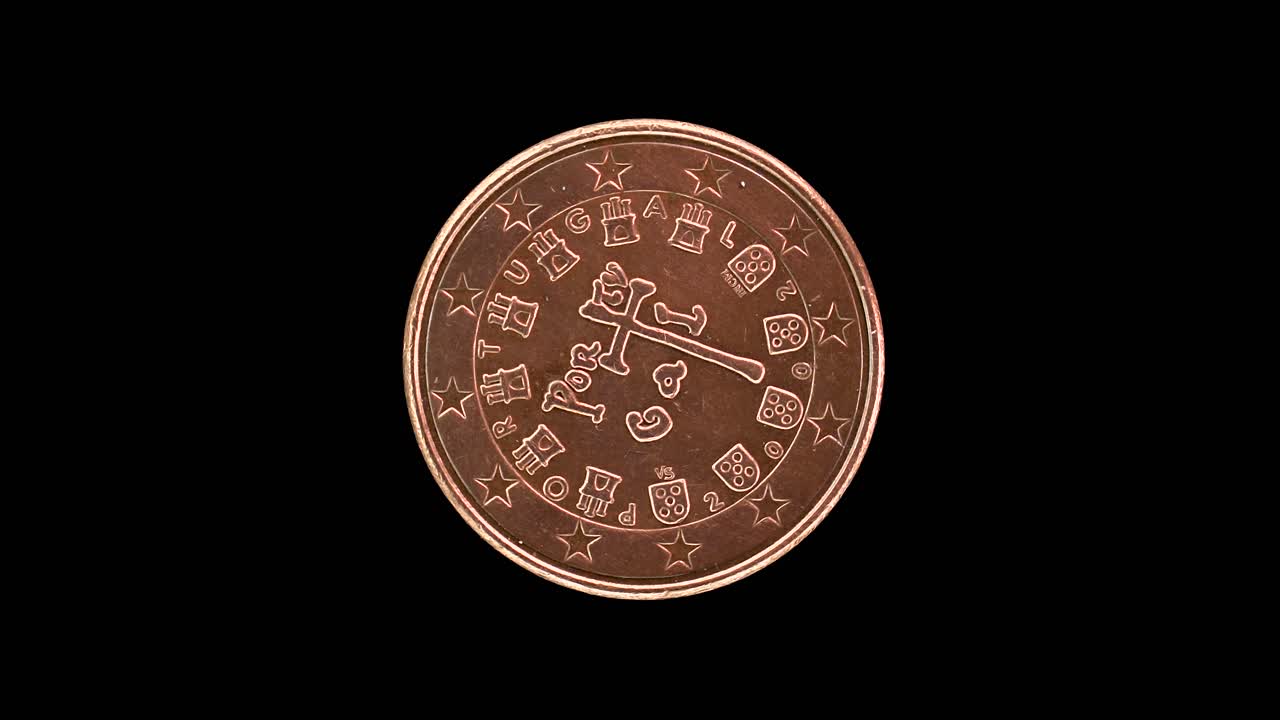 Portugal 5 euro cent rotates to show obverse royal seal design on a black background