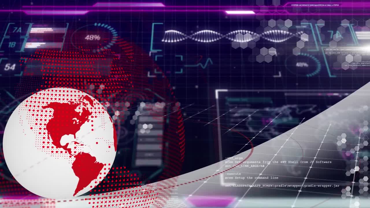 animación del globo rojo, red a través de la pantalla de interfaz de procesamiento de datos en fondo negro