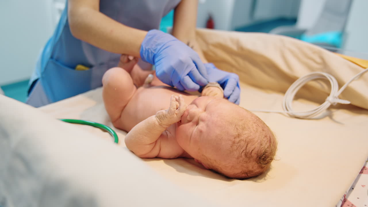 Newborn Caucasian baby lies on the table its head to the camera. Nurse attaches equipment wire to the child's hand.