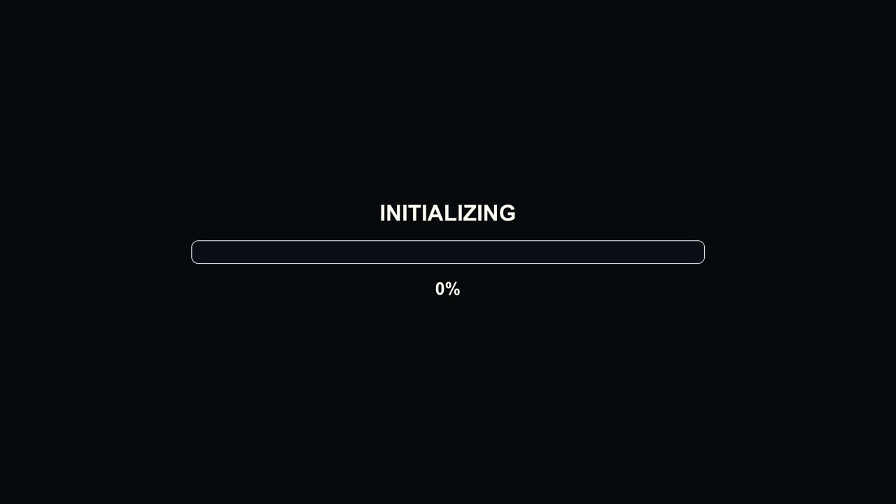 A progress bar animation appears on a dark screen for a streamer or video creator. The bar shows the word initializing and indicates 0 percent. This is a part of the video production process
