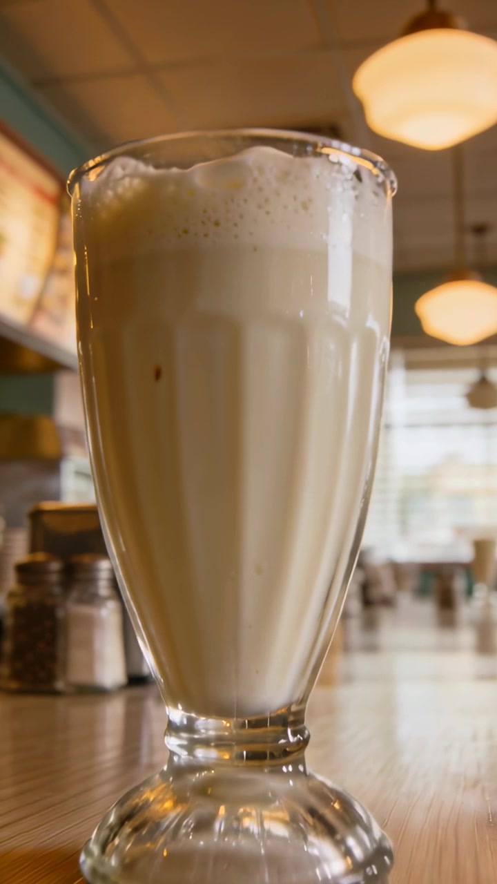 Dikey video: Lokanta tezgahında uzun bir milkshake bardağını ortaya çıkaran, köpük detayını gösteren hareketli kamera.